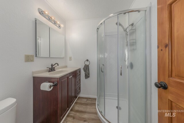 2445 Orchard Rd, Council, ID 83612 - bathroom with vanity, a stall shower, wood finished floors, and toilet
