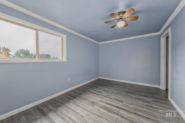 2445 Orchard Rd, Council, ID 83612 - unfurnished room featuring a ceiling fan, wood finished floors, ornamental molding, and baseboards