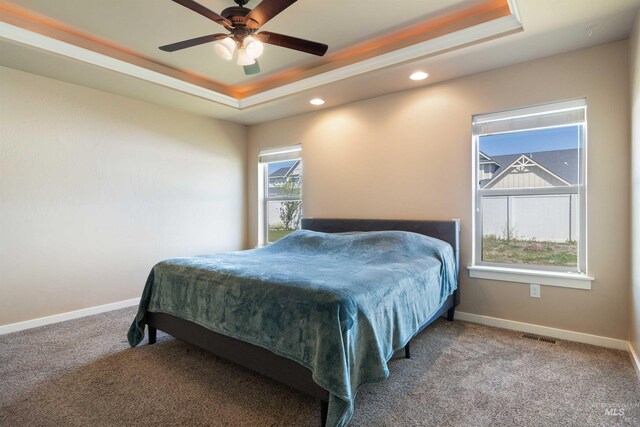 2448 Village St, Twin Falls, ID 83301 - carpeted bedroom featuring a raised ceiling, recessed lighting, baseboards, and ceiling fan