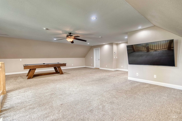 rec room with carpet, vaulted ceiling, pool table, baseboards, and ceiling fan