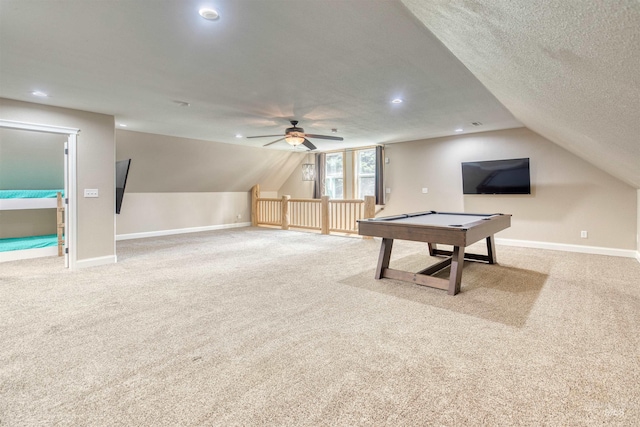 rec room with lofted ceiling, carpet, pool table, baseboards, and ceiling fan