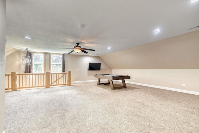 recreation room featuring vaulted ceiling, visible vents, recessed lighting, and ceiling fan