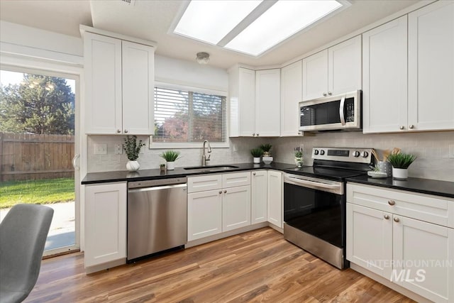 kitchen with stainless steel appliances, a sink, white cabinetry, decorative backsplash, and light wood-type flooring