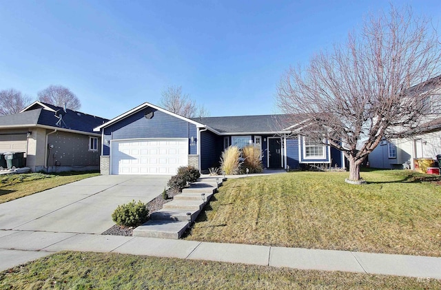 ranch-style house with a garage and a front lawn