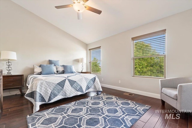 4680 N Maplestone Ave, Meridian, ID 83646 - bedroom featuring hardwood / wood-style flooring, baseboards, lofted ceiling, and a ceiling fan