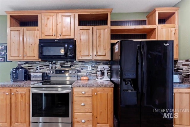 3834 N 2381 E, Filer, ID 83328 - kitchen with black appliances, open shelves, decorative backsplash, and light brown cabinets