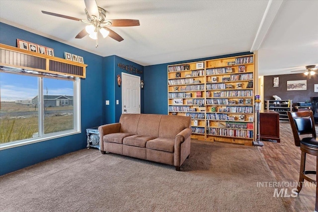 3834 N 2381 E, Filer, ID 83328 - living area with a ceiling fan, carpet flooring, and built in shelves
