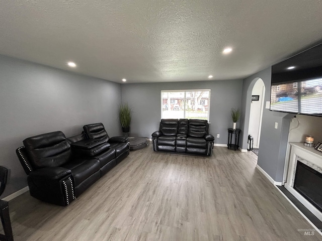139 119th St, Orofino, ID 83544 - living area with baseboards, arched walkways, a textured ceiling, wood finished floors, and a premium fireplace