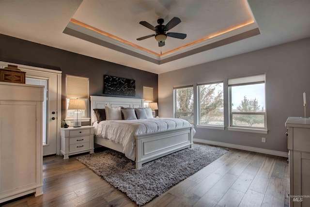 3330 E 4050 N, Twin Falls, ID 83301 - bedroom featuring ceiling fan, baseboards, hardwood / wood-style floors, and a raised ceiling