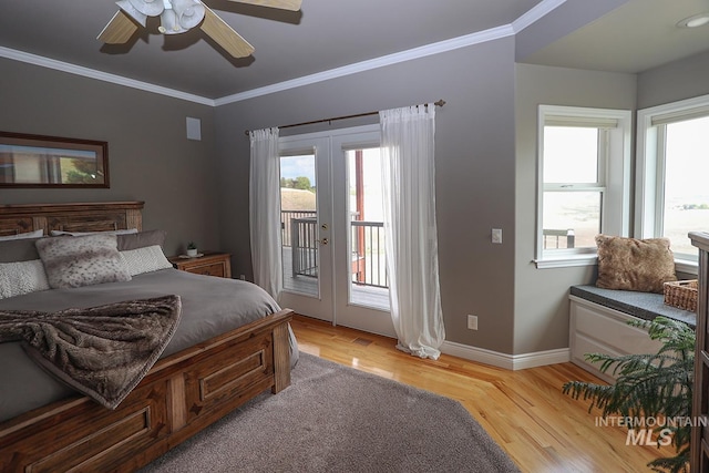 bedroom with ceiling fan, light hardwood / wood-style floors, access to outside, and french doors