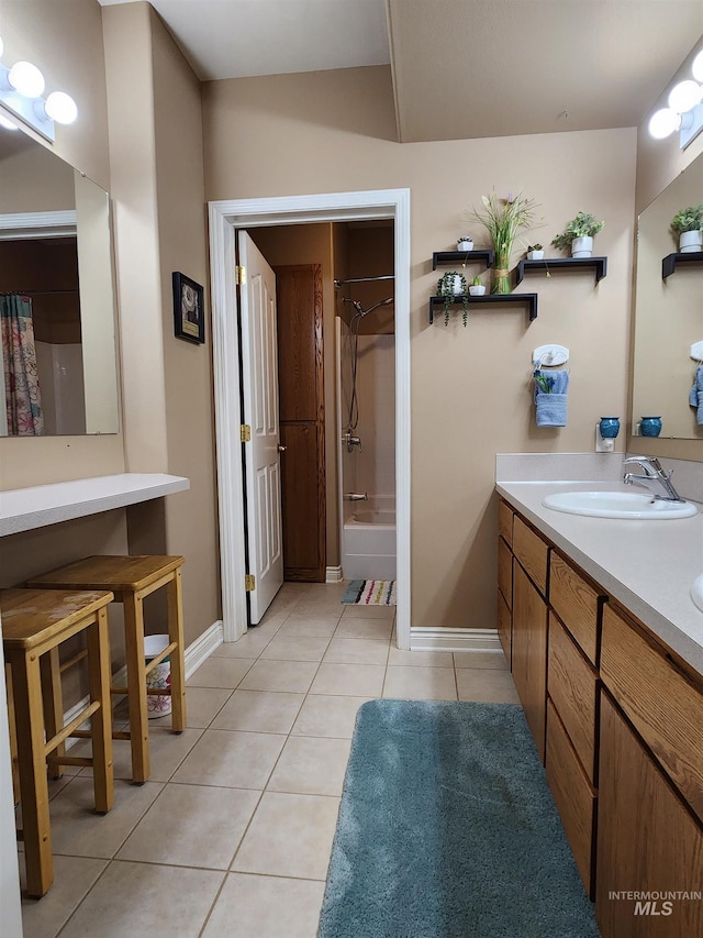 bathroom featuring vanity, tile patterned floors, and shower / bathtub combination with curtain