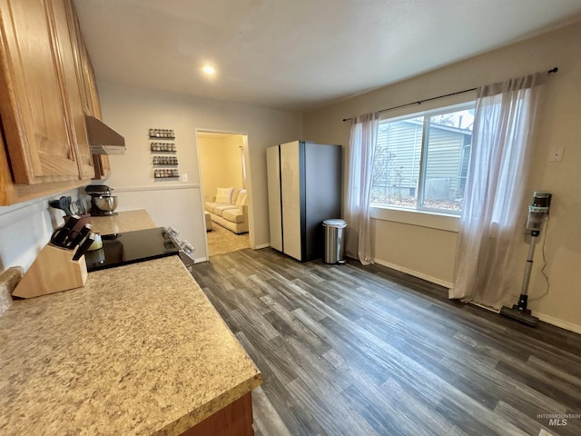 kitchen featuring dark wood-type flooring, range hood, refrigerator, and stove