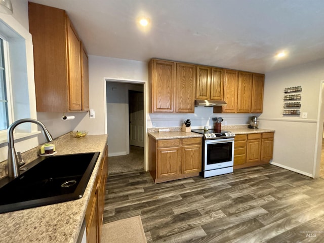 kitchen with sink, dark wood-type flooring, and stainless steel range with electric cooktop