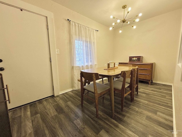 dining space with dark wood-type flooring, a chandelier, and vaulted ceiling