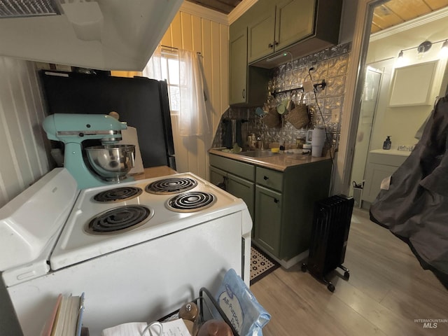 kitchen featuring range hood, ornamental molding, decorative backsplash, white electric stove, and light wood-type flooring