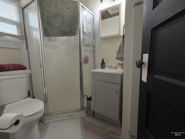 bathroom with vanity, toilet, and a shower with shower door