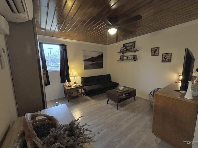 living room with wood ceiling, a wall mounted AC, light hardwood / wood-style flooring, ornamental molding, and ceiling fan