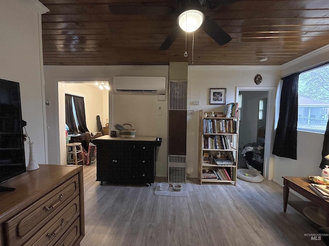 interior space with hardwood / wood-style flooring, ceiling fan, wooden ceiling, and an AC wall unit