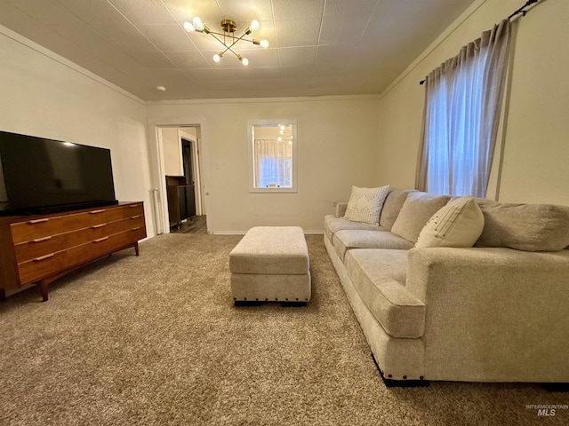 carpeted living room with crown molding