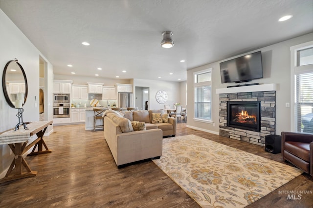 living room with a healthy amount of sunlight, a fireplace, and wood finished floors