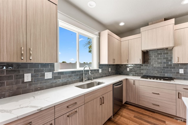 4469 E Wingate Ct, Nampa, ID 83687 - kitchen with a sink, stainless steel appliances, light brown cabinetry, and recessed lighting