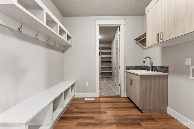 4469 E Wingate Ct, Nampa, ID 83687 - mudroom featuring a sink, dark wood-style floors, a textured ceiling, and baseboards