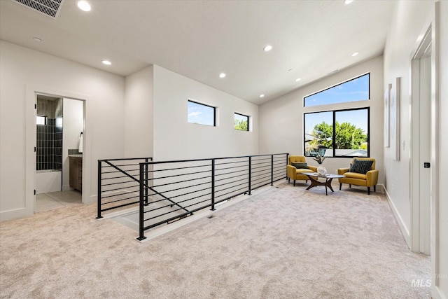 1796 S Eagleson Rd, Boise, ID 83705 - living area with an upstairs landing, carpet floors, baseboards, recessed lighting, and vaulted ceiling