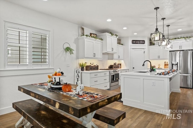 kitchen with a sink, appliances with stainless steel finishes, wood finished floors, and light countertops
