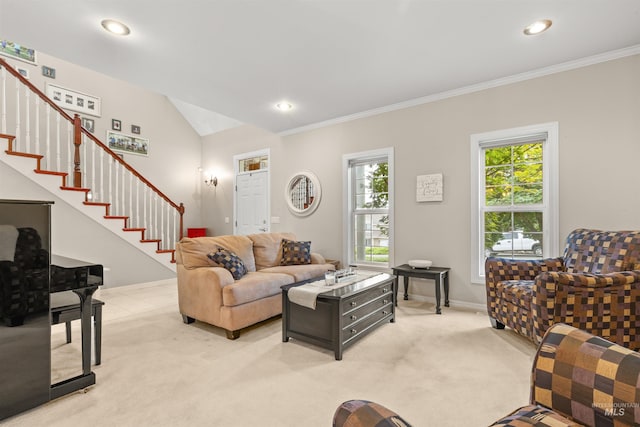 living room featuring recessed lighting, light carpet, baseboards, stairs, and crown molding