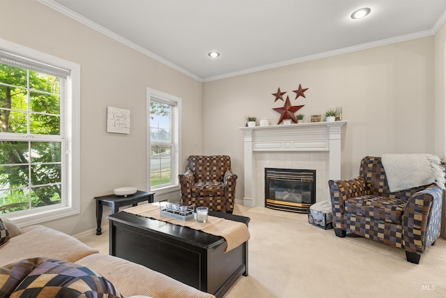 living room with light carpet, a fireplace, and crown molding