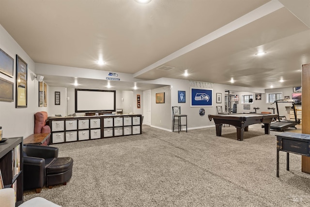 rec room with recessed lighting, visible vents, carpet flooring, billiards, and baseboards