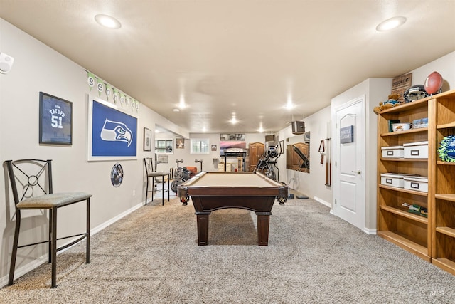 playroom with carpet floors, recessed lighting, pool table, and baseboards