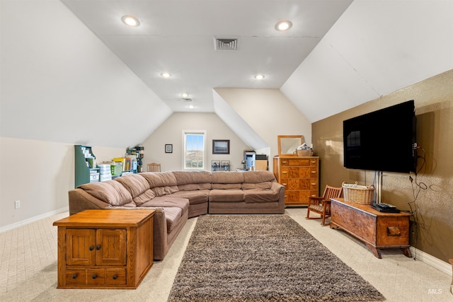 living area with lofted ceiling, recessed lighting, light carpet, visible vents, and baseboards