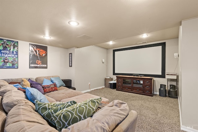 home theater with carpet floors, visible vents, baseboards, and recessed lighting