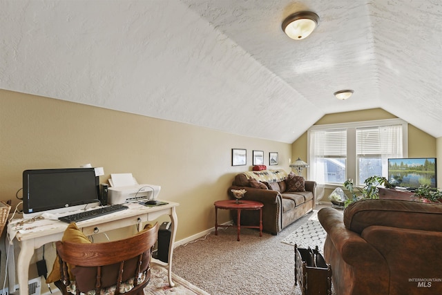 carpeted office space featuring baseboards, vaulted ceiling, and a textured ceiling