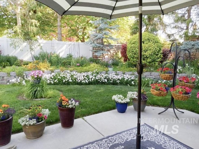 view of community with a patio area, fence, and a lawn