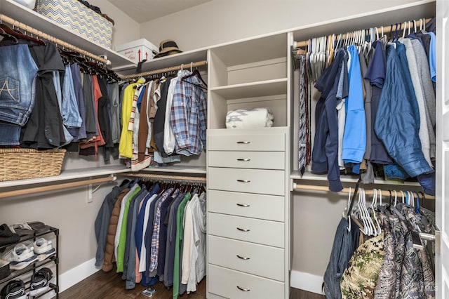 walk in closet with wood finished floors