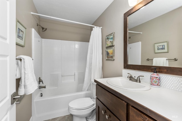 bathroom featuring vanity, shower / bathtub combination with curtain, tasteful backsplash, and toilet