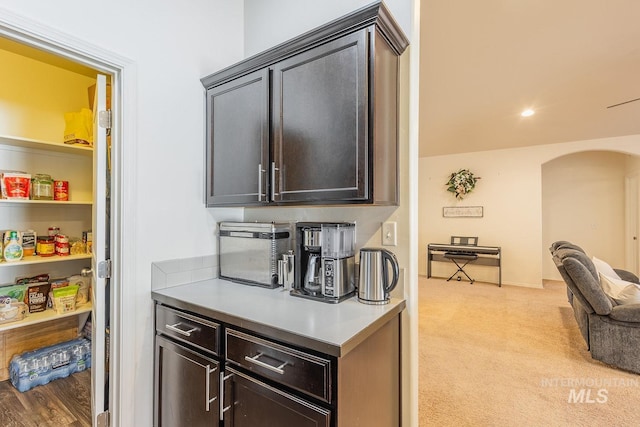 kitchen with light carpet and dark brown cabinets