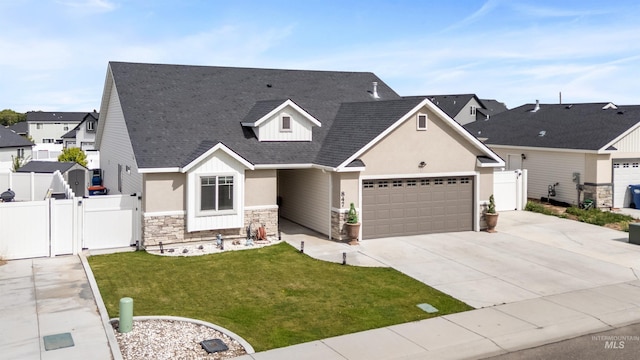 847 Bridget St, Twin Falls, ID 83301 - view of front facade with stone siding, concrete driveway, a garage, a residential view, and a gate