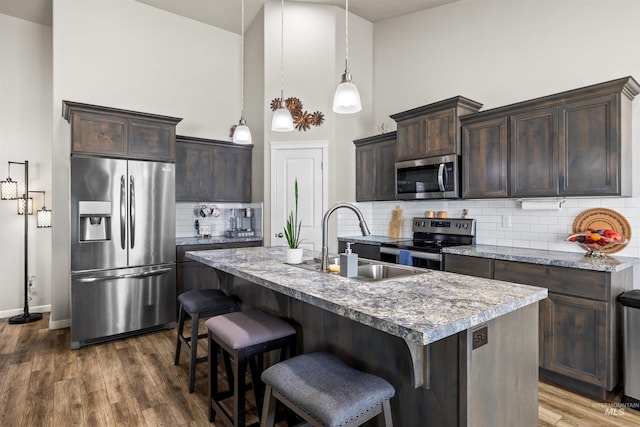 847 Bridget St, Twin Falls, ID 83301 - kitchen with stainless steel appliances, a sink, dark brown cabinetry, dark wood-style floors, and a towering ceiling