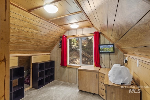 additional living space with wood walls, wood ceiling, lofted ceiling, and light carpet