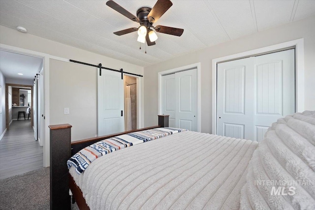 bedroom featuring a ceiling fan, a barn door, wood finished floors, baseboards, and two closets