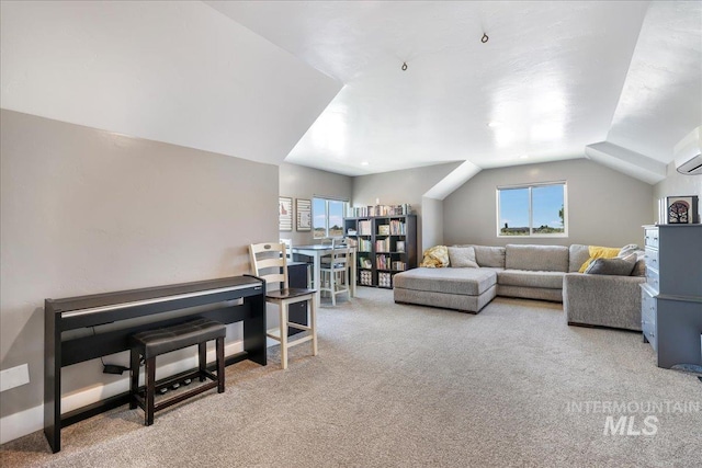 4076 N 3446 E, Kimberly, ID 83341 - living room with plenty of natural light, carpet floors, lofted ceiling, and a wall mounted air conditioner