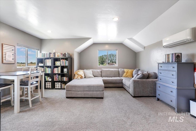 4076 N 3446 E, Kimberly, ID 83341 - living room with a wall unit AC, carpet floors, lofted ceiling, and recessed lighting