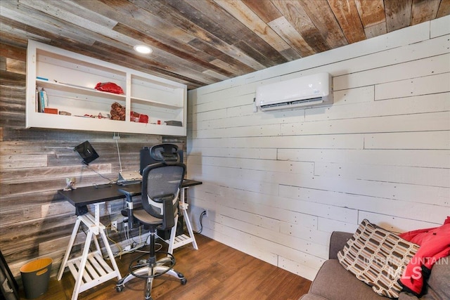 4076 N 3446 E, Kimberly, ID 83341 - home office featuring wood walls, a wall mounted AC, wooden ceiling, wood finished floors, and recessed lighting