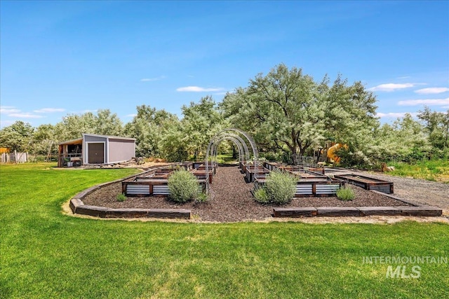 4076 N 3446 E, Kimberly, ID 83341 - view of grassy yard featuring a garden and an outdoor structure