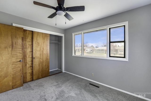 620 Monte Vista Dr, Twin Falls, ID 83301 - unfurnished bedroom featuring carpet, a closet, a ceiling fan, visible vents, and baseboards