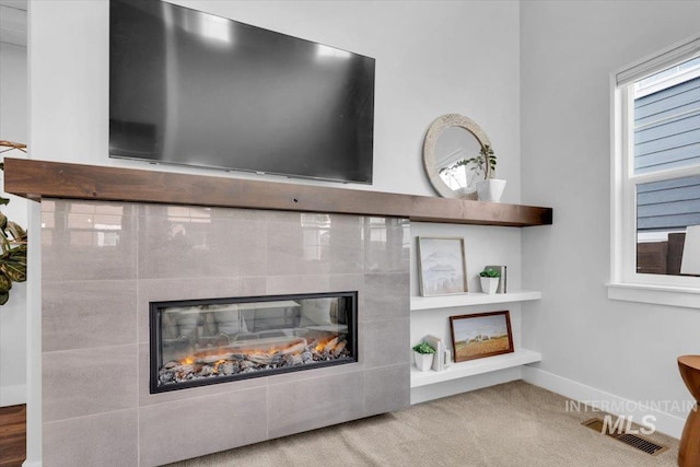 2959 S Shady Ln, Boise, ID 83716 - detailed view of a tiled fireplace, baseboards, and carpet floors