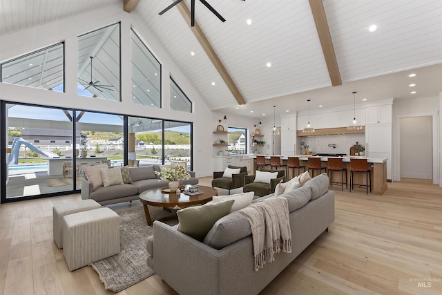 11950 W Lanktree Gulch Rd, Star, ID 83669 - living room with a ceiling fan, high vaulted ceiling, beamed ceiling, and light wood finished floors